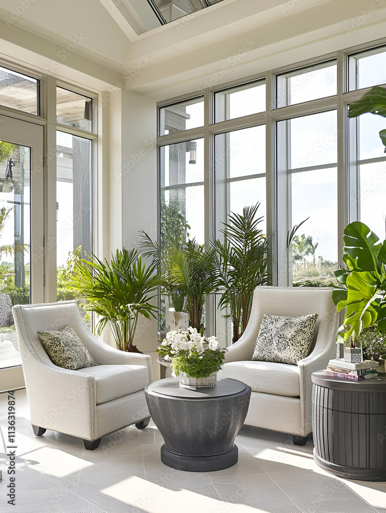 Cozy seating area with plants and natural light, perfect for relaxation. Cozy seating area with plants and natural light, perfect for relaxation.