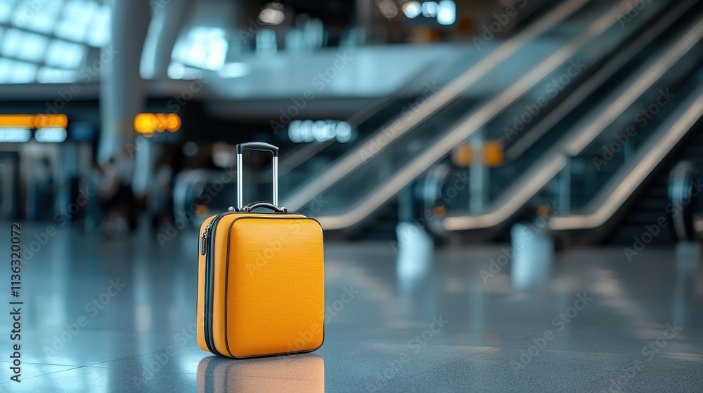 Bright Yellow Travel Bag in Busy Airport Setting Bright Yellow Travel Bag in Busy Airport Setting