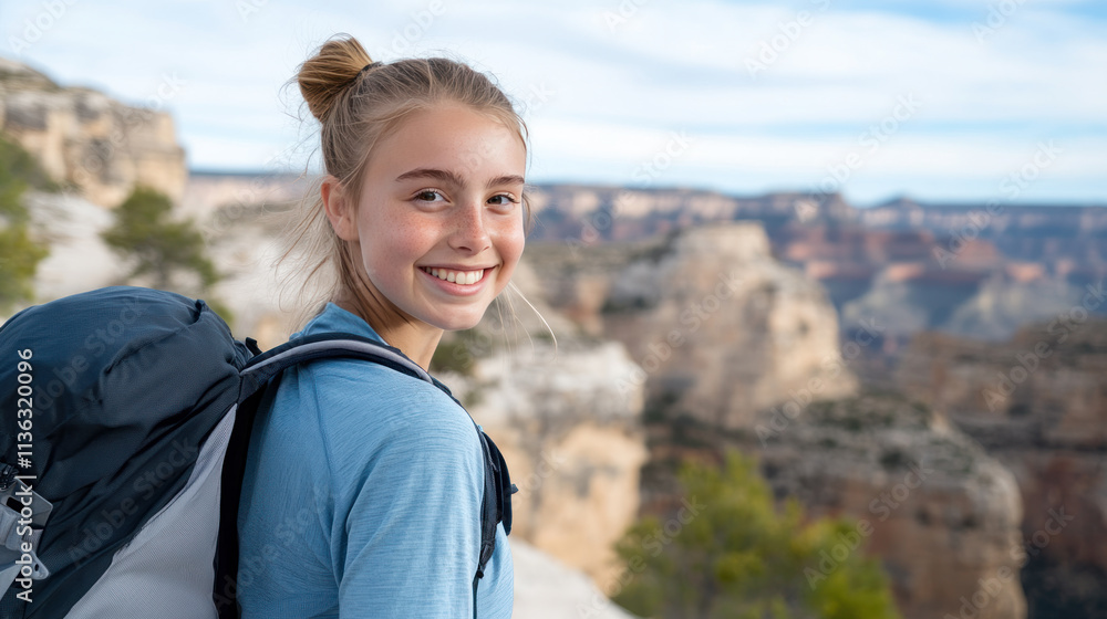 Naklejka premium Australian girl in blue athleisure doing outdoor activity at grand canyon