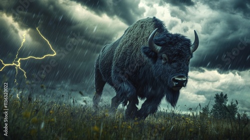 A mighty buffalo charges through the storm under dark skies and flashing lightning in an epic natural scene.