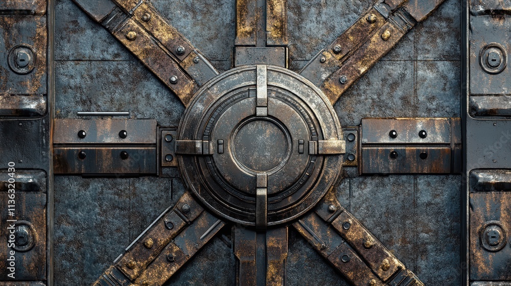 Fototapeta premium The image displays a close-up view of an antique vault door featuring a circular central lock surrounded by a metallic design, showcasing signs of age and wear
