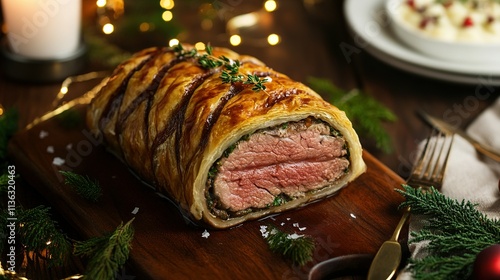 Beef wellington for a New YearÃ¢â‚¬â„¢s Eve party with elegant dÃƒÂ©cor, sophisticated holiday dinner photo