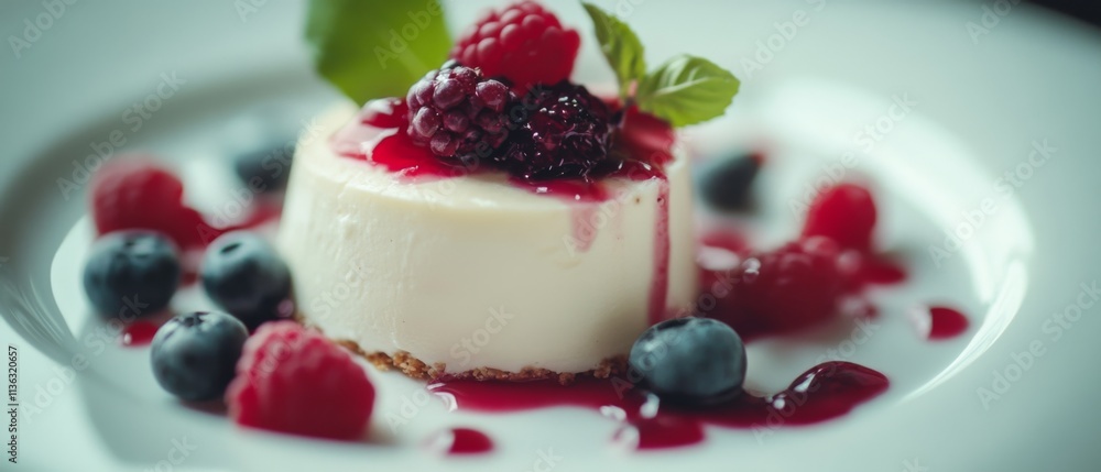 A delicate cheesecake adorned with vibrant berries and mint leaves artistically arranged on a white plate, tempting with its refreshing colors and elegance. A delicate cheesecake adorned with vibrant berries and mint leaves artistically arranged on a white plate, tempting with its refreshing colors and elegance.