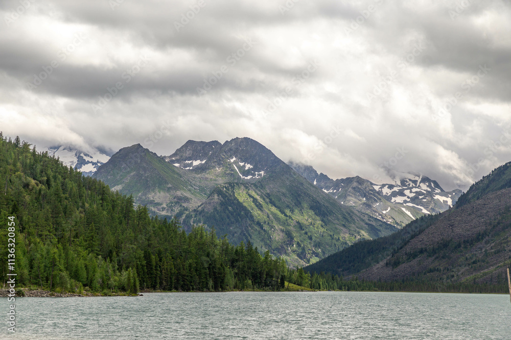Multinskoye lake. Lake number two (second lake or middle lake). The Multin lakes near Multa village, Altai republic, Russia Multinskoye lake. Lake number two (second lake or middle lake). The Multin lakes near Multa village, Altai republic, Russia