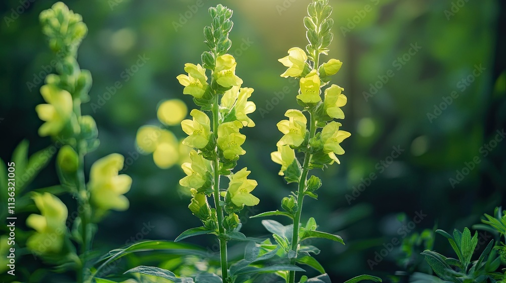 Chartreuse snapdragon flowers growing in a spring forest, natural seasonal background Chartreuse snapdragon flowers growing in a spring forest, natural seasonal background