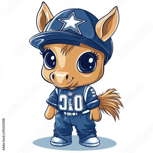 A charming cartoon horse character wears a sports jersey and cap, showcasing excitement and enthusiasm for the game. The horse is designed with oversized eyes and a playful expression photo