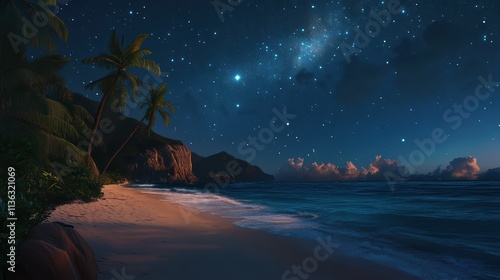 Tropical beach reveals a serene atmosphere at night, illuminated by moonlight. The sky is filled with stars, and the waves softly lap against the sandy shore, creating a peaceful ambiance