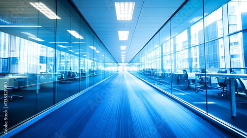 Modern glass corridor in office building.