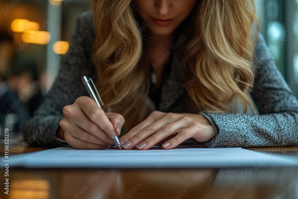 Woman signing a contract in a modern office setting with blurred background elements Woman signing a contract in a modern office setting with blurred background elements