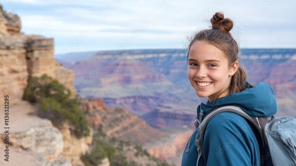 Naklejka premium Australian girl in blue athleisure doing outdoor activity at grand canyon