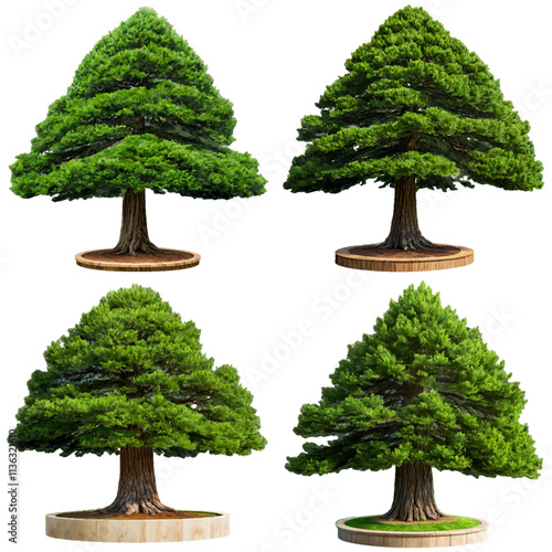 Four lush green bonsai trees