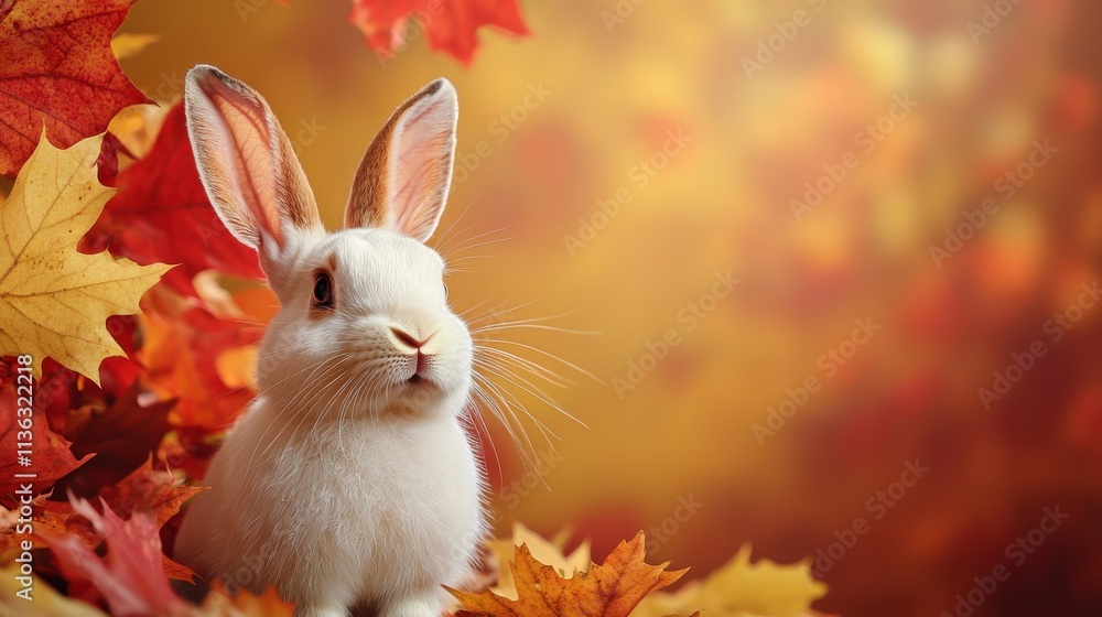 Fototapeta premium Elegant White Rabbit in Colorful Autumn Leaves