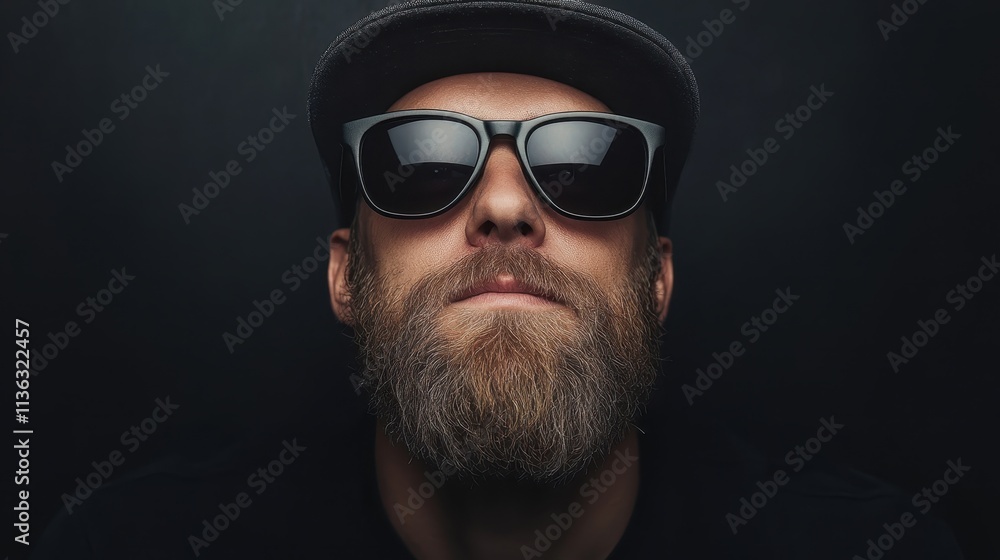 A man with a beard and sunglasses wearing a cap poses with a serious expression against a black backdrop, emphasizing detail and shadow interplay.