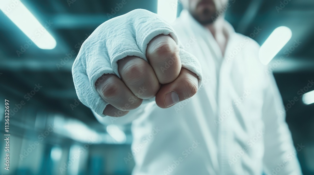 A close-up of a fist wrapped in martial arts tape, expressing strength, focus, and the determination needed in martial arts, set in a training environment. A close-up of a fist wrapped in martial arts tape, expressing strength, focus, and the determination needed in martial arts, set in a training environment.