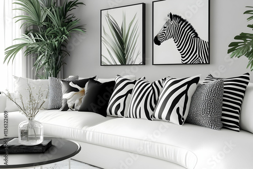 Modern living room with white sofa, black and white zebra patterned throw pillows, and botanical wall art. photo