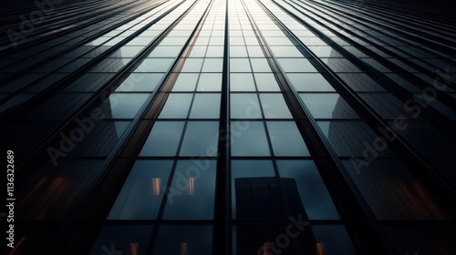 An impressive skyscraper with reflective windows stretches towards the sky, capturing the urban atmosphere and essence of modern architectural design. photo