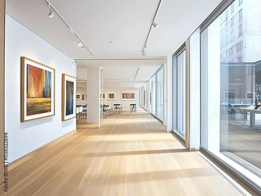 Fototapeta premium A modern art gallery featuring colorful paintings and a bright, open space.