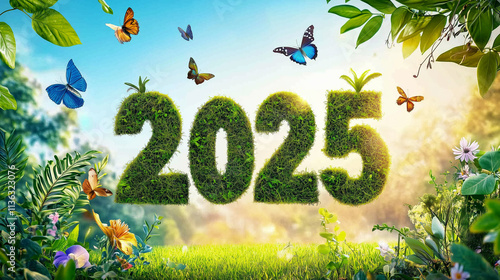 Green Nature Landscape with Butterflies - 2025 Year Celebration photo