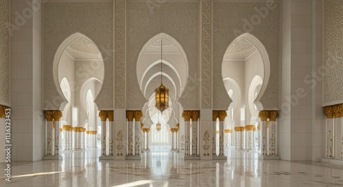 Islamic architecture, white marble arches, intricate geometric patterns, ornate columns, golden lantern, symmetrical design, ethereal light, Moorish style, grand interior, serene atmosphere, high ceil