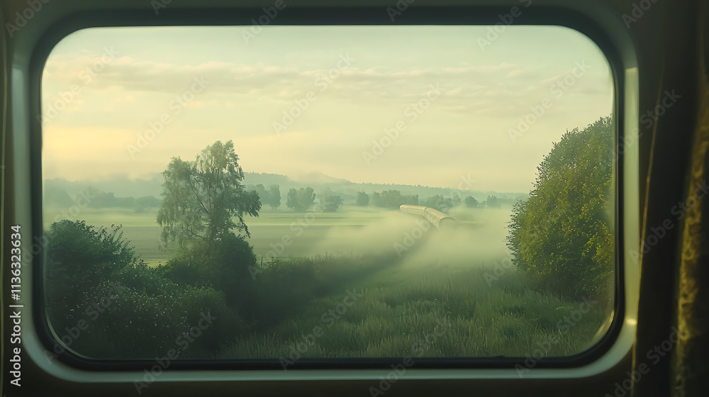 A train is passing through a field with trees in the background A train is passing through a field with trees in the background