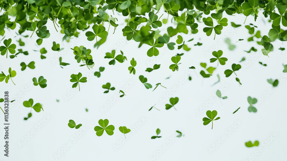 A background of green clover leaves falling, against a white background, in a St. Patrick's Day theme, in a vector illustration style, with a flat design. Mockup for St Patrick’s day. A background of green clover leaves falling, against a white background, in a St. Patrick's Day theme, in a vector illustration style, with a flat design. Mockup for St Patrick’s day.