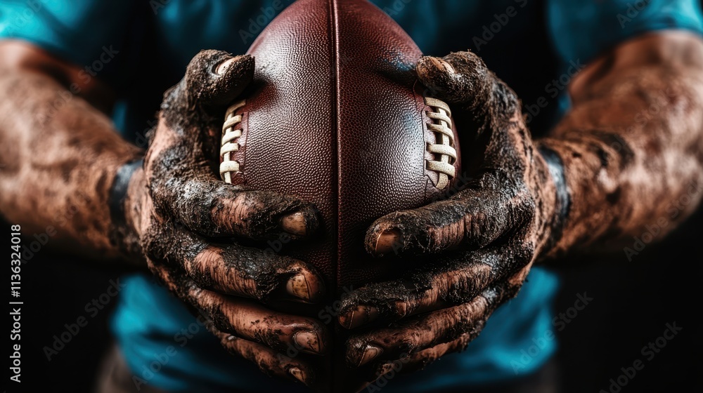 A pair of muddy hands grasp a football firmly, highlighting concentration and determination as the player stands ready to engage in the game’s physical challenges. A pair of muddy hands grasp a football firmly, highlighting concentration and determination as the player stands ready to engage in the game’s physical challenges.