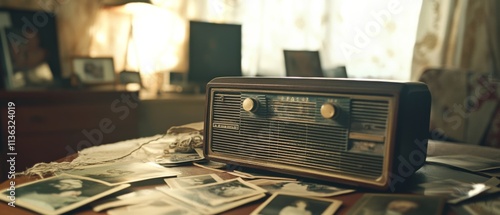 Vintage radio and scattered black-and-white photos evoke a sense of nostalgia and cherished memories.