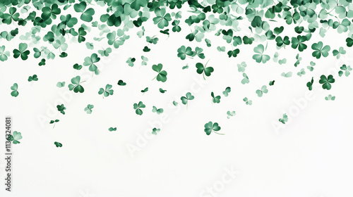 A background of green clover leaves falling, against a white background, in a St. Patrick's Day theme, in a vector illustration style, with a flat design. Mockup for St Patrick’s day.