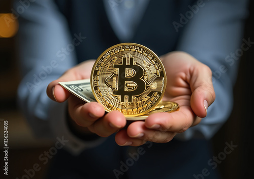 man holds golden bitcoin alongside dollar bills financial setting bitcoin ticker photo