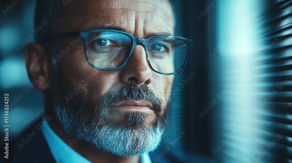 A businessman wearing glasses and a suit stares with deep focus out of the window in an office setting, capturing concentration and determination. A businessman wearing glasses and a suit stares with deep focus out of the window in an office setting, capturing concentration and determination.
