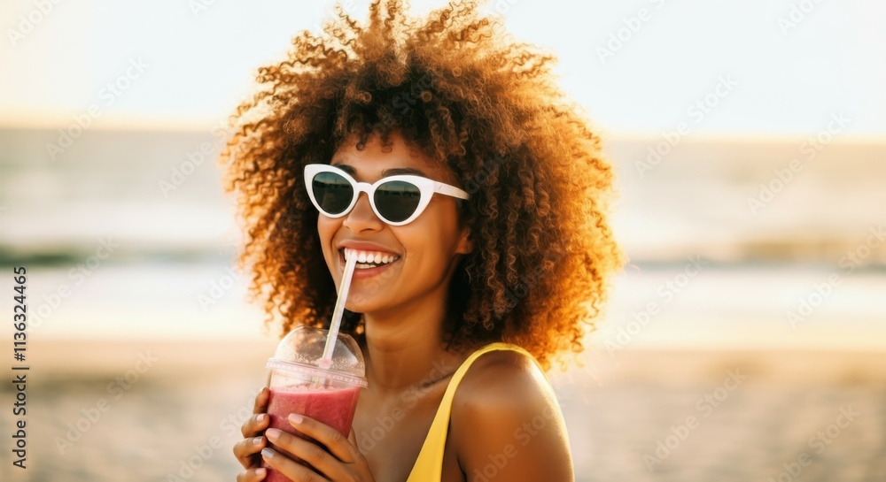 custom made wallpaper toronto digitalVibrant curly afro hair, smiling woman at beach, white retro sunglasses, yellow swimsuit, drinking smoothie, golden hour lighting, blurred coastal background, carefree summer vibe, natural curls, joyf