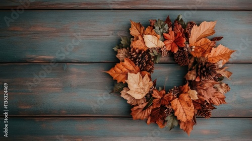An autumn wreath made from leaves and pinecones decorates a wooden blue background, symbolizing the rustic charm and elegance of the fall season in home decor.