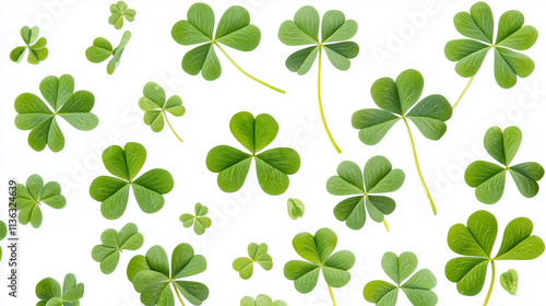 A background of green clover leaves falling, against a white background, in a St. Patrick's Day theme, in a vector illustration style, with a flat design. Mockup for St Patrick’s day.
