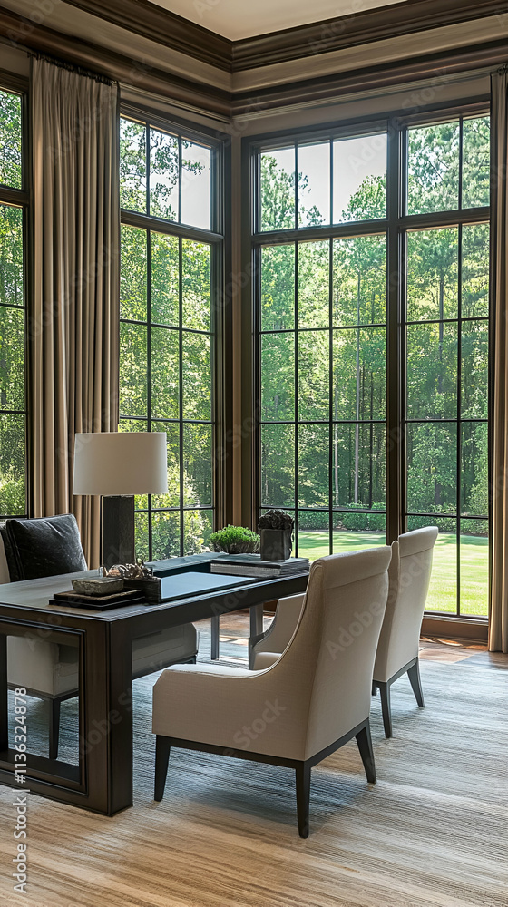 A modern office space with large windows overlooking a green landscape. A modern office space with large windows overlooking a green landscape.