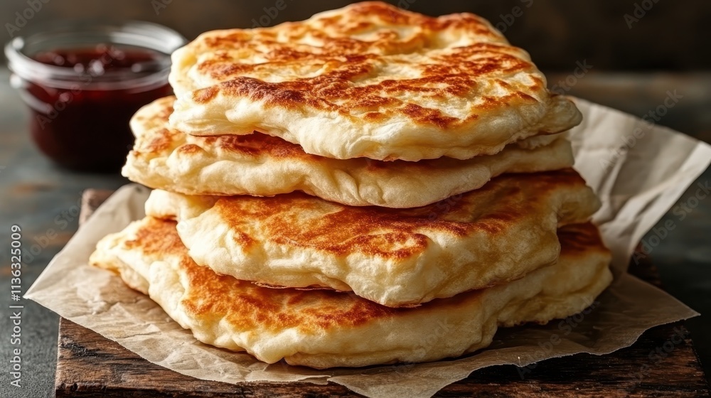 Four golden brown fried flatbreads are stacked on parchment paper atop a rustic wooden board, alongside a small dish of contrasting sauce, inviting and warm. Four golden brown fried flatbreads are stacked on parchment paper atop a rustic wooden board, alongside a small dish of contrasting sauce, inviting and warm.
