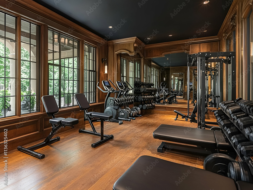 A well-equipped home gym featuring weights, benches, and cardio machines with natural light. A well-equipped home gym featuring weights, benches, and cardio machines with natural light.