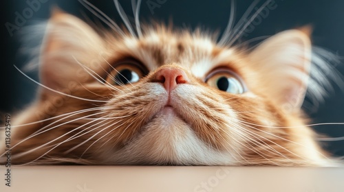 This image captures a close-up of a ginger cat's face, showcasing its bright eyes and soft whiskers. The cat's curious expression adds playfulness to the scene. photo