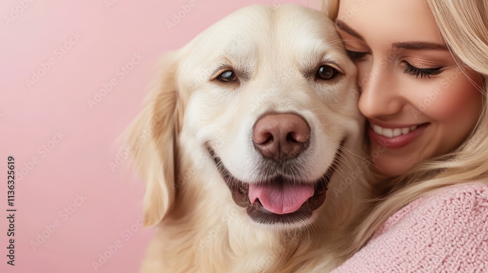 A cheerful woman cuddles a joyful golden retriever against a soft pink background, illustrating an affectionate bond and mutual happiness shared between them. A cheerful woman cuddles a joyful golden retriever against a soft pink background, illustrating an affectionate bond and mutual happiness shared between them.