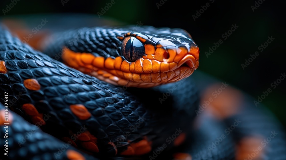 Fototapeta premium A striking close-up of a black and orange viper snake highlighting the intricate scale pattern, representing the wild beauty and danger of nature.