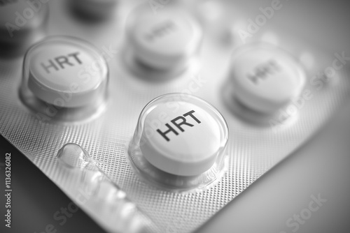 HRT white pills in blister pack close up, hormone replacement therapy for menopause symptoms photo