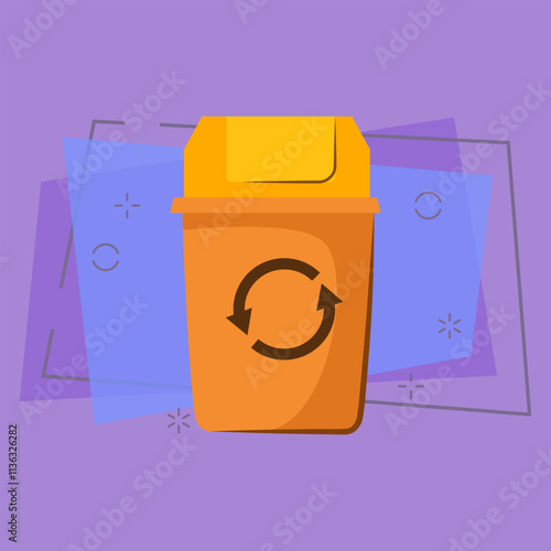 Yellow trashcan with lid. Container for garbage with recycling sign. Vector illustration can be used for topics like rubbish, litter, dustbin