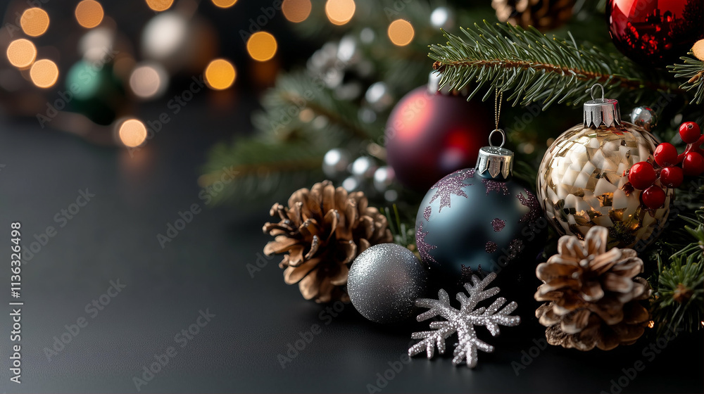 Christmas ornaments and decorations on pine branches with bokeh lights and pine cones Christmas ornaments and decorations on pine branches with bokeh lights and pine cones