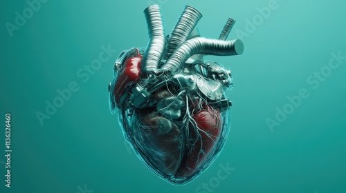 Illustration of a robotically augmented heart encased in futuristic design elements, showcasing the blend of human artistry and technological innovation. photo