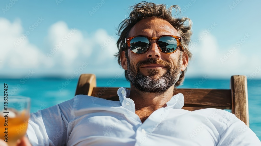A bearded man wearing sunglasses lounges contentfully on a deck chair, while the tranquil, sunlit ocean waves provide a serene and picturesque backdrop. A bearded man wearing sunglasses lounges contentfully on a deck chair, while the tranquil, sunlit ocean waves provide a serene and picturesque backdrop.