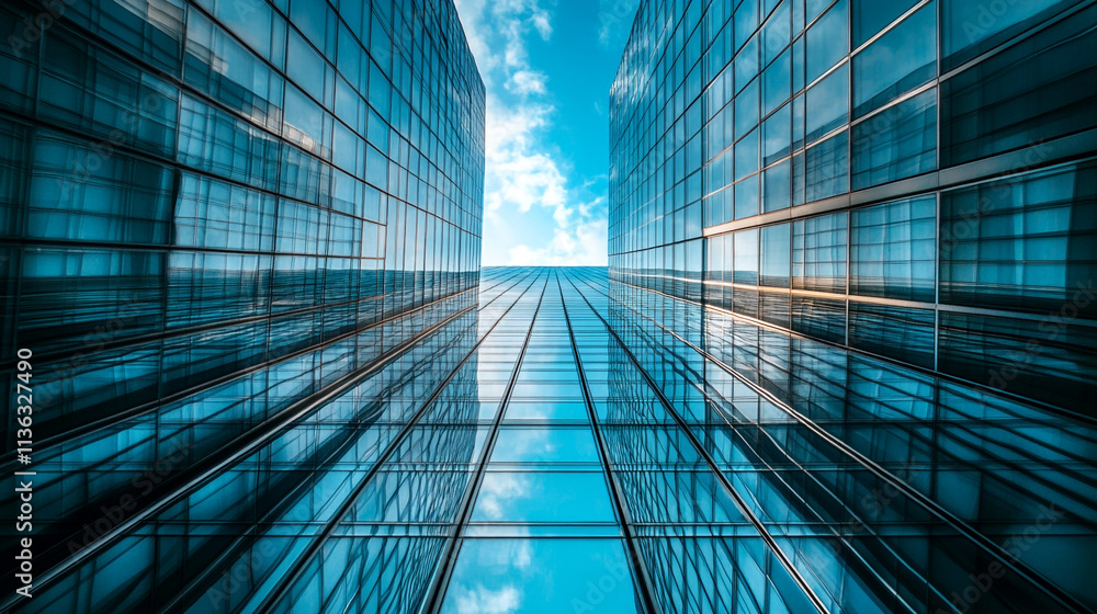 Reflections of a blue sky between modern glass buildings in urban cityscape Reflections of a blue sky between modern glass buildings in urban cityscape