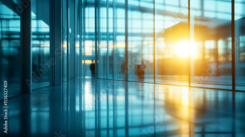 Bright sunset illuminating glass corridor at urban building in evening