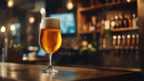 A glass of beer on a bar counter in a dimly lit pub.