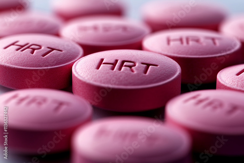 pile of pink HRT pills close up, hormone replacement therapy for menopause symptoms photo