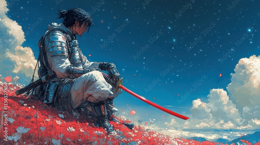 A lone samurai sits amidst red flowers under a starry sky, contemplating his katana. A lone samurai sits amidst red flowers under a starry sky, contemplating his katana.