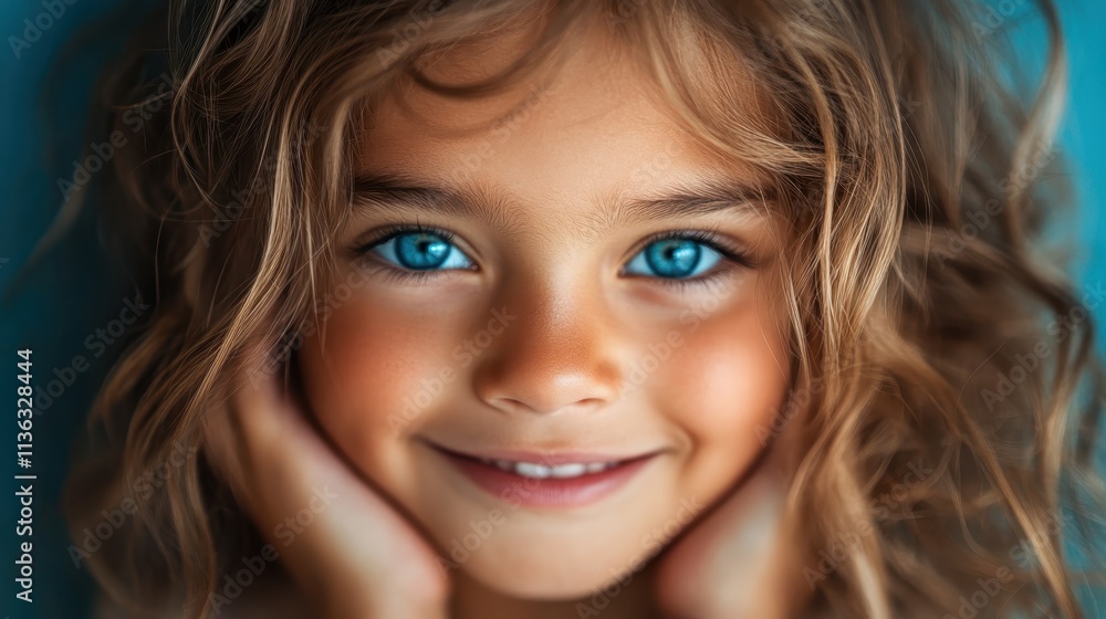 A young girl with magnetic blue eyes and a warm smile, lovingly framed by her hands, exuding joy and wonder, captured in bright, vibrant tones up-close. A young girl with magnetic blue eyes and a warm smile, lovingly framed by her hands, exuding joy and wonder, captured in bright, vibrant tones up-close.